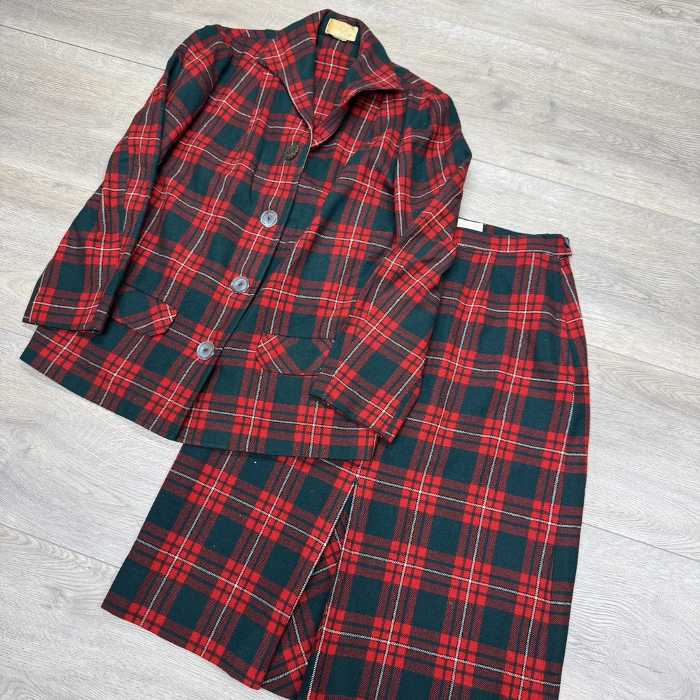 VTG Pendleton Skirt Suit Set Women's‎ Plaid Sz 14 100% Virgin Wool